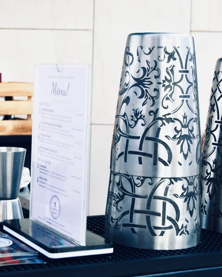 The bar set up: shakers, jigger and the menu