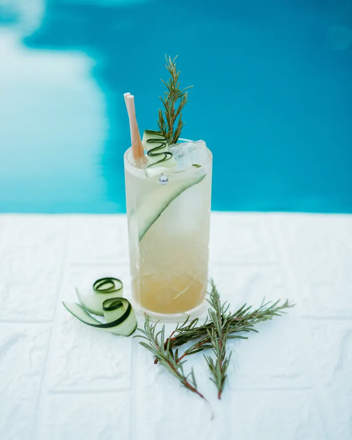 A long drink with cucumber and rosemary